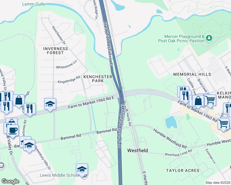 map of restaurants, bars, coffee shops, grocery stores, and more near Hardy Toll Road in Houston
