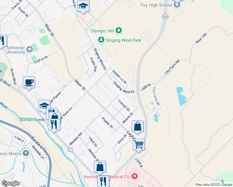 map of restaurants, bars, coffee shops, grocery stores, and more near 131 Amelia Court in Kerrville