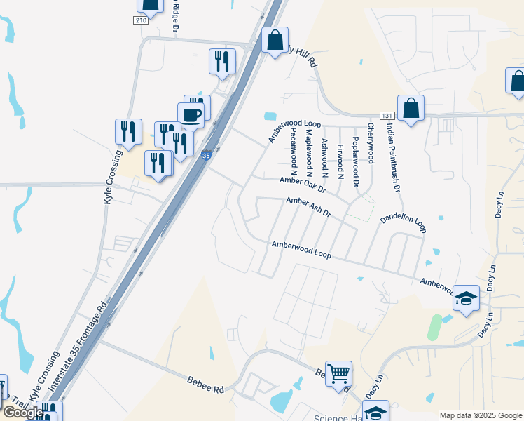 map of restaurants, bars, coffee shops, grocery stores, and more near 128 Amber Ash Drive in Kyle
