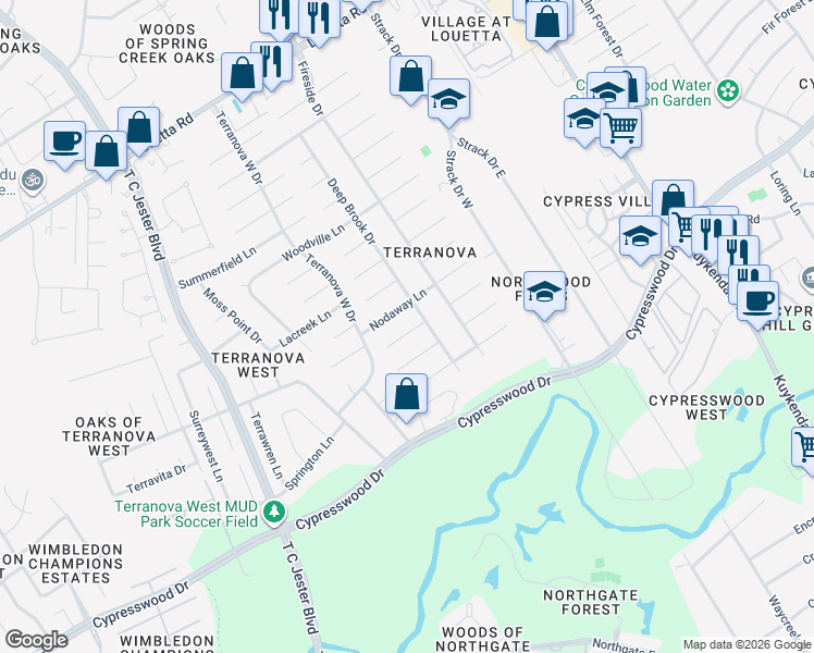 map of restaurants, bars, coffee shops, grocery stores, and more near 5310 Glenmere Lane in Spring