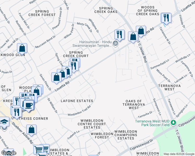 map of restaurants, bars, coffee shops, grocery stores, and more near 16700 Worgan Court in Spring