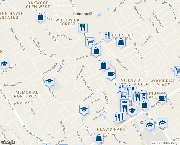 map of restaurants, bars, coffee shops, grocery stores, and more near 17411 Moreton Lane in Spring