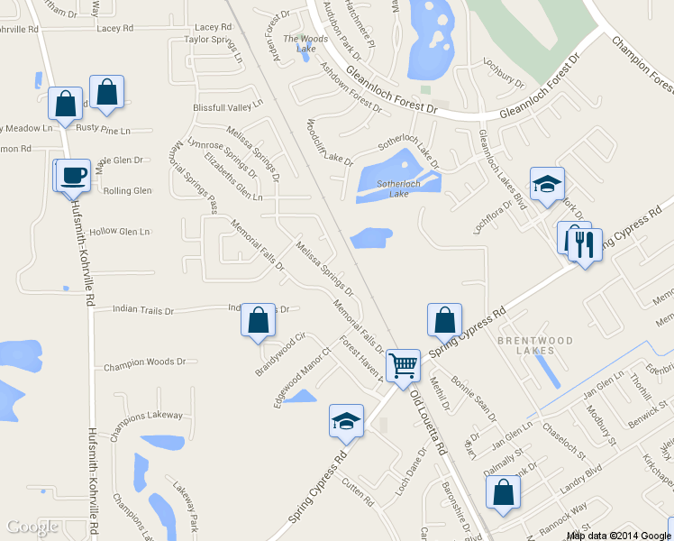 map of restaurants, bars, coffee shops, grocery stores, and more near 9614 Babbling Spring Court in Tomball
