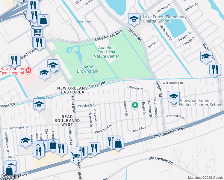 map of restaurants, bars, coffee shops, grocery stores, and more near 5020 Schindler Drive in New Orleans