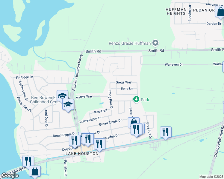 map of restaurants, bars, coffee shops, grocery stores, and more near 24522 Strong Pine Drive in Huffman
