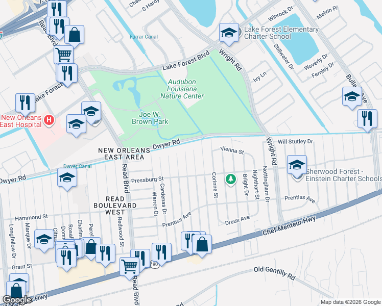 map of restaurants, bars, coffee shops, grocery stores, and more near 5020 Schindler Drive in New Orleans