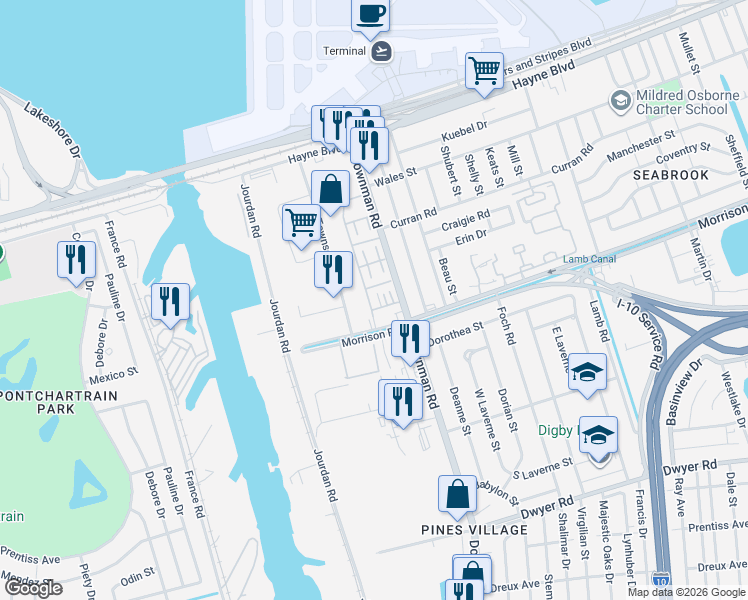map of restaurants, bars, coffee shops, grocery stores, and more near 7402 Cornwall Place in New Orleans