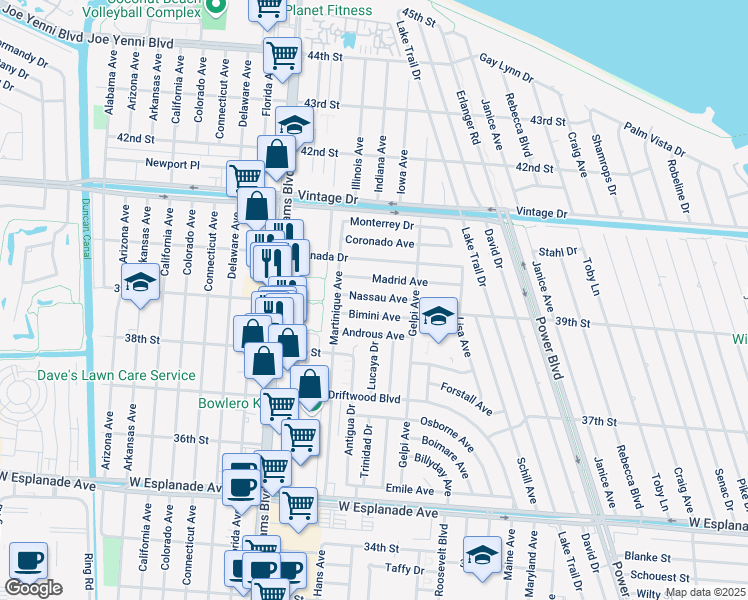 map of restaurants, bars, coffee shops, grocery stores, and more near 77 Nassau Avenue in Kenner