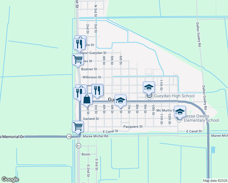 map of restaurants, bars, coffee shops, grocery stores, and more near 401-499 Daspit St in Gueydan