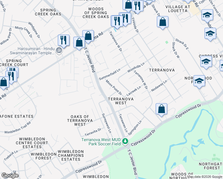 map of restaurants, bars, coffee shops, grocery stores, and more near 5807 Slashwood Lane in Spring