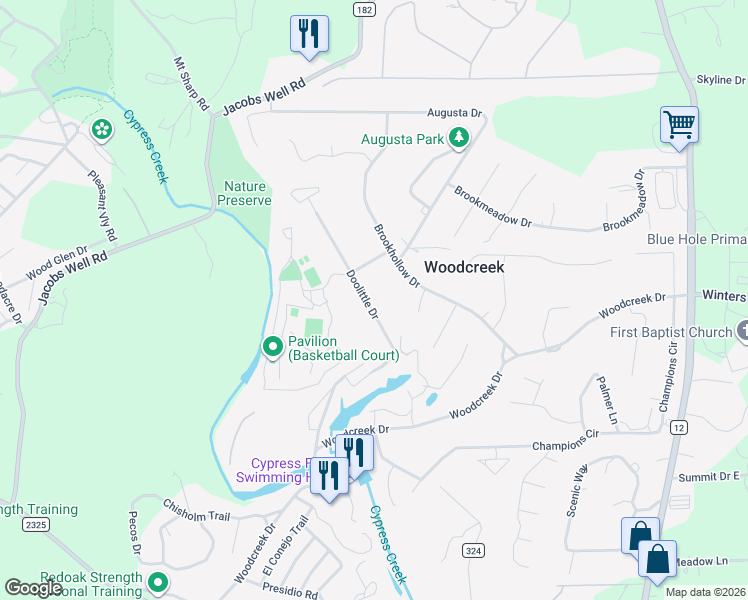 map of restaurants, bars, coffee shops, grocery stores, and more near 15 Doolittle Drive in Wimberley