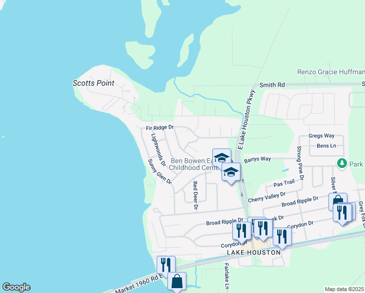 map of restaurants, bars, coffee shops, grocery stores, and more near 24506 Whitesail Drive in Huffman
