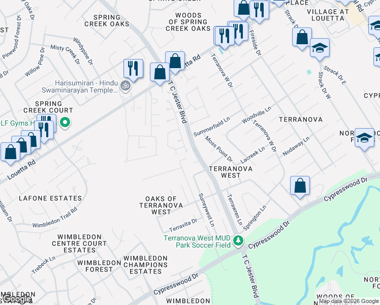 map of restaurants, bars, coffee shops, grocery stores, and more near 17906 Norwood Oaks Drive in Spring