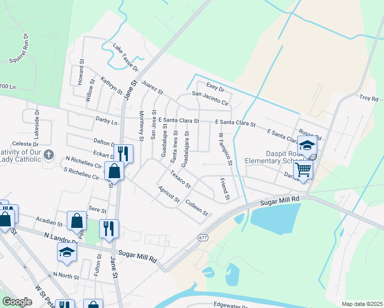 map of restaurants, bars, coffee shops, grocery stores, and more near 502 Caliente Street in New Iberia