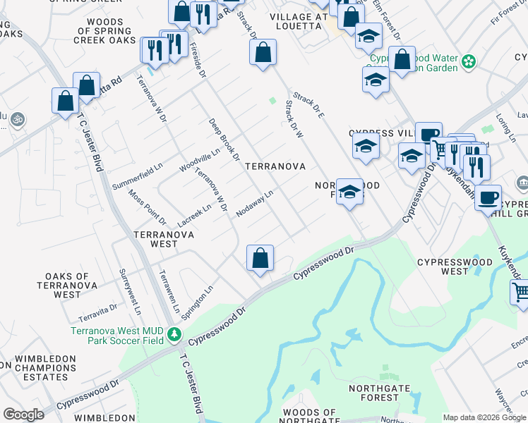 map of restaurants, bars, coffee shops, grocery stores, and more near 5310 Glenmere Lane in Spring
