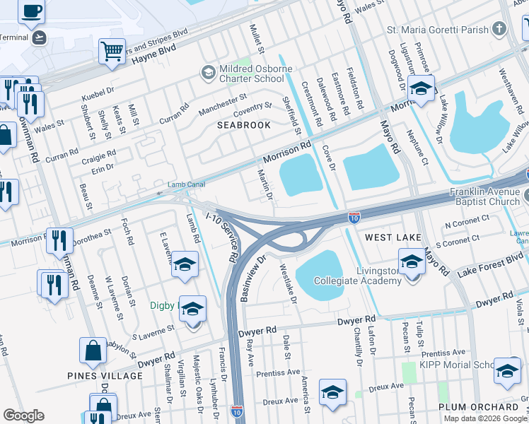 map of restaurants, bars, coffee shops, grocery stores, and more near 6900 Martin Drive in New Orleans