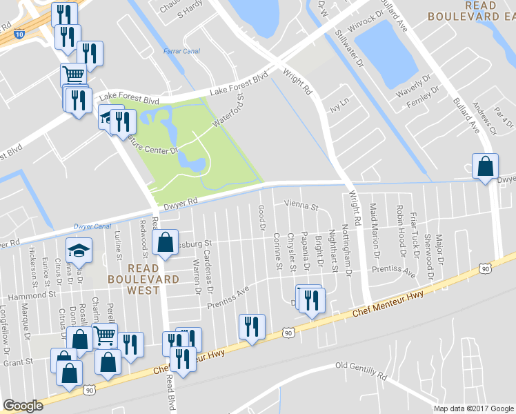 map of restaurants, bars, coffee shops, grocery stores, and more near 5018 Good Drive in New Orleans