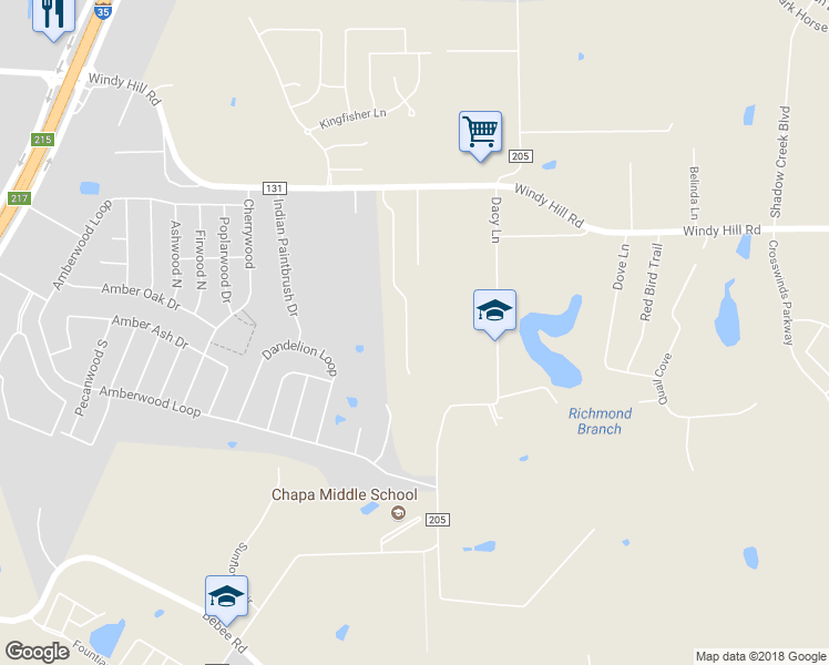 map of restaurants, bars, coffee shops, grocery stores, and more near 117 Park South Drive in Kyle