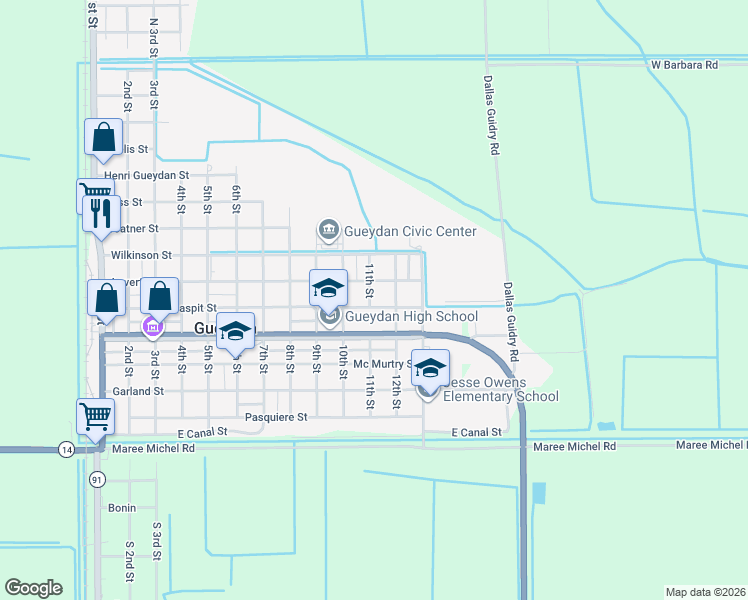 map of restaurants, bars, coffee shops, grocery stores, and more near 1112 Daspit Street in Gueydan