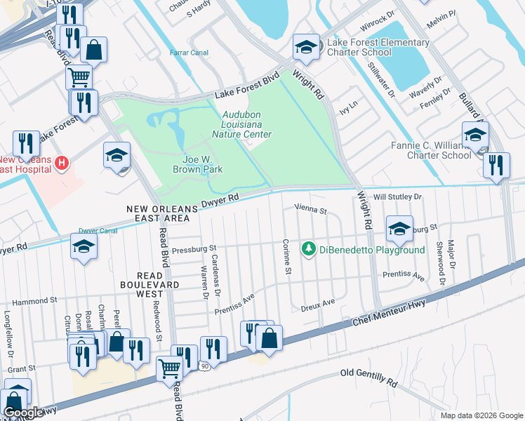 map of restaurants, bars, coffee shops, grocery stores, and more near 5018 Good Drive in New Orleans
