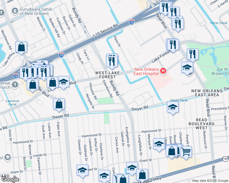 map of restaurants, bars, coffee shops, grocery stores, and more near 5400 Bundy Road in New Orleans