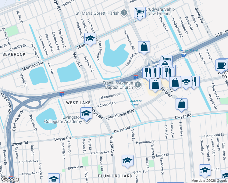 map of restaurants, bars, coffee shops, grocery stores, and more near 6881 Parc Brittany Boulevard in New Orleans