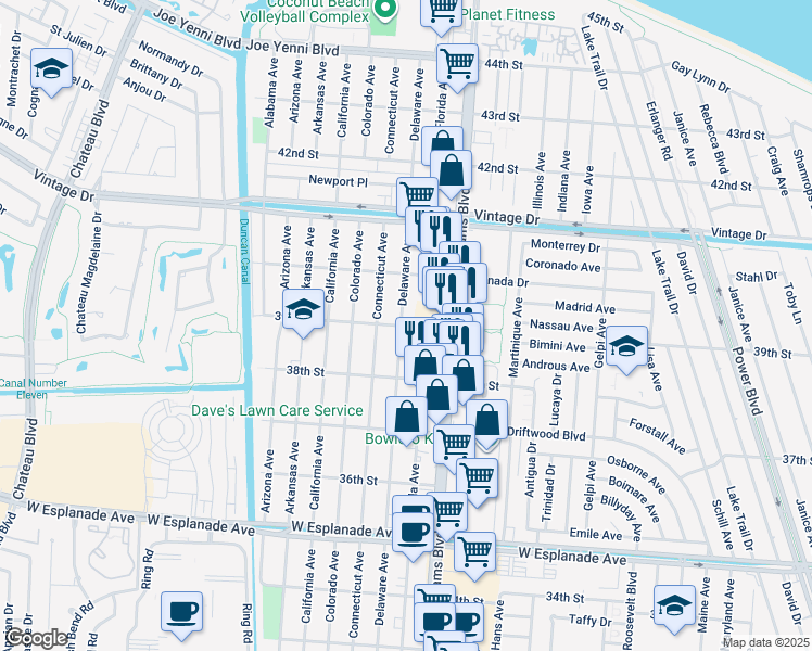 map of restaurants, bars, coffee shops, grocery stores, and more near 3823 Florida Avenue in Kenner