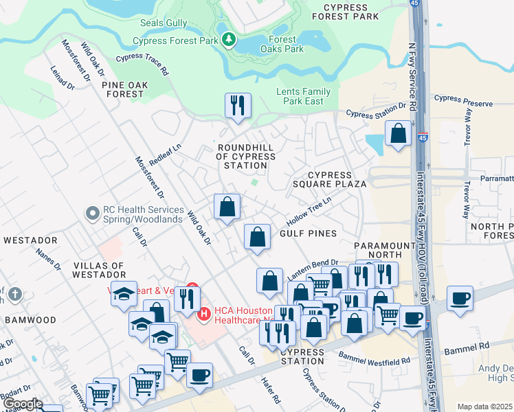 map of restaurants, bars, coffee shops, grocery stores, and more near 1007 Cypress Station Drive in Houston