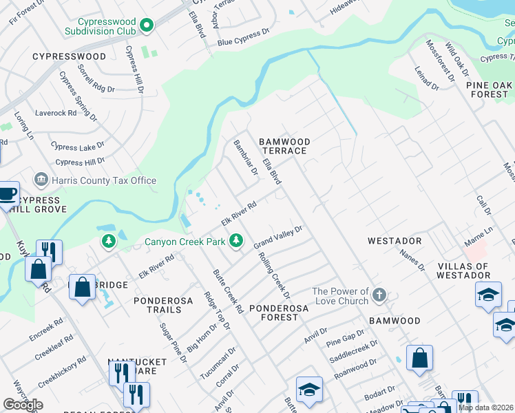 map of restaurants, bars, coffee shops, grocery stores, and more near 17922 Pinto Circle in Houston