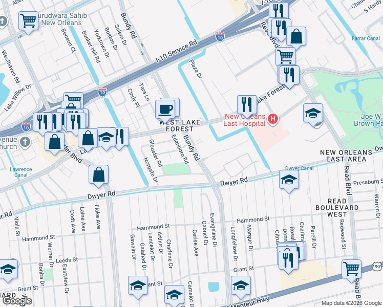 map of restaurants, bars, coffee shops, grocery stores, and more near 5400 Bundy Road in New Orleans