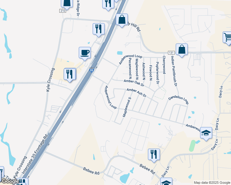 map of restaurants, bars, coffee shops, grocery stores, and more near 134 Amber Ash Drive in Kyle