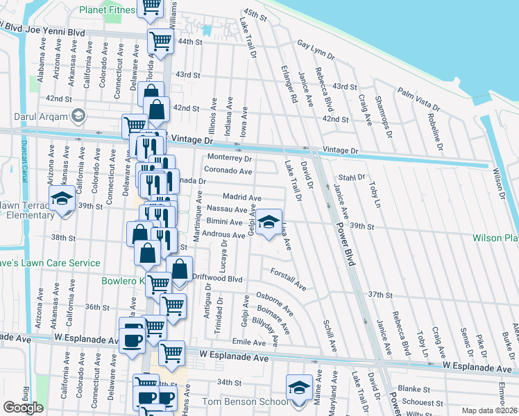 map of restaurants, bars, coffee shops, grocery stores, and more near 46 Nassau Avenue in Kenner