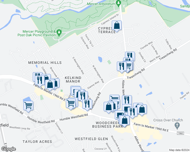 map of restaurants, bars, coffee shops, grocery stores, and more near 2419 Hiacintas Way in Houston