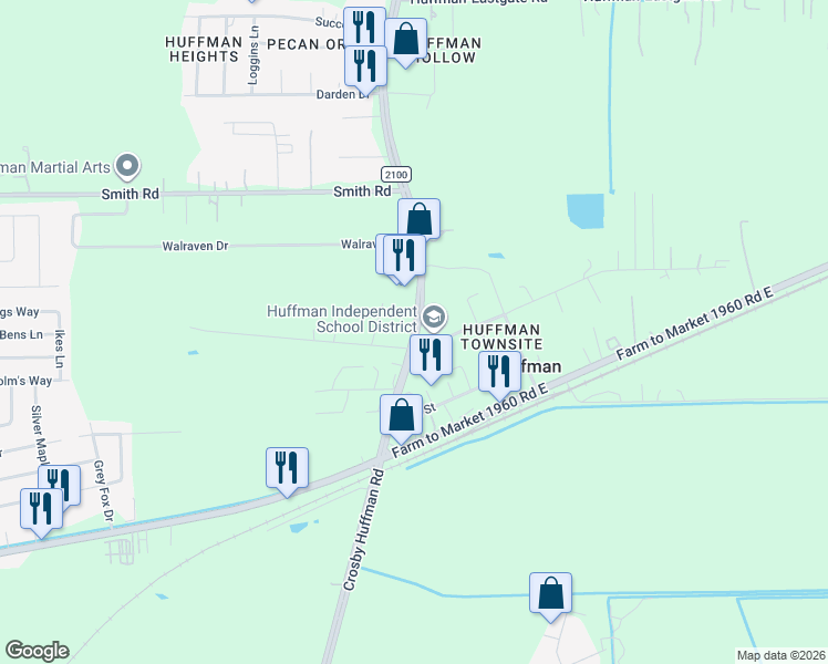 map of restaurants, bars, coffee shops, grocery stores, and more near 24302 Farm to Market 2100 in Huffman