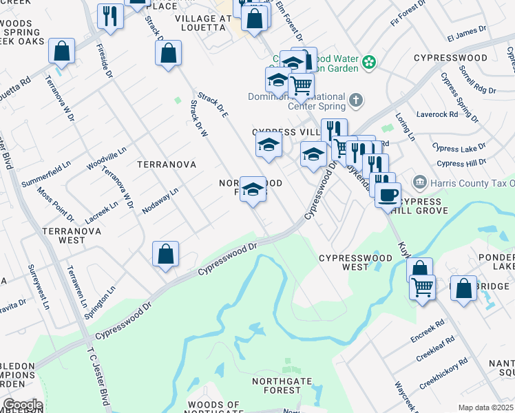 map of restaurants, bars, coffee shops, grocery stores, and more near 17512 Strack Drive West in Spring