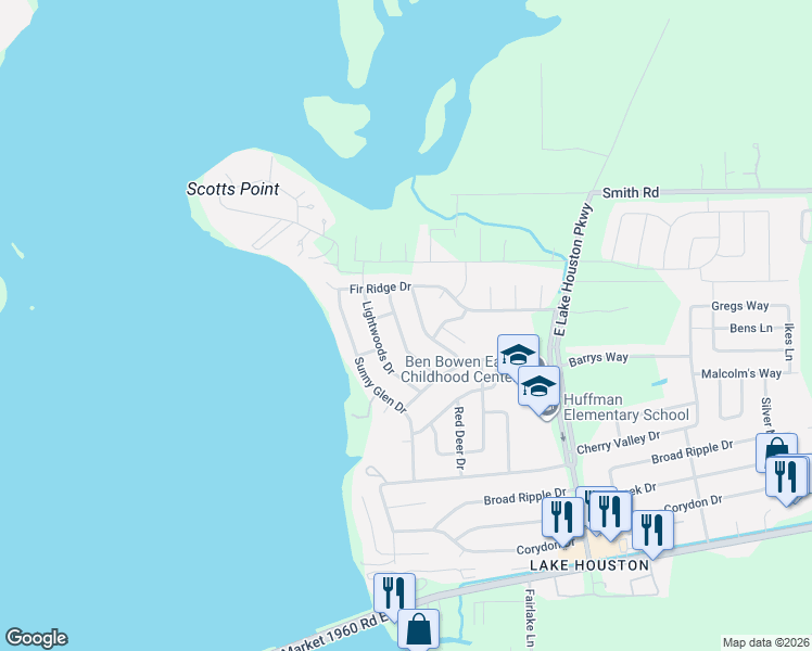 map of restaurants, bars, coffee shops, grocery stores, and more near 24511 Red Deer Drive in Huffman
