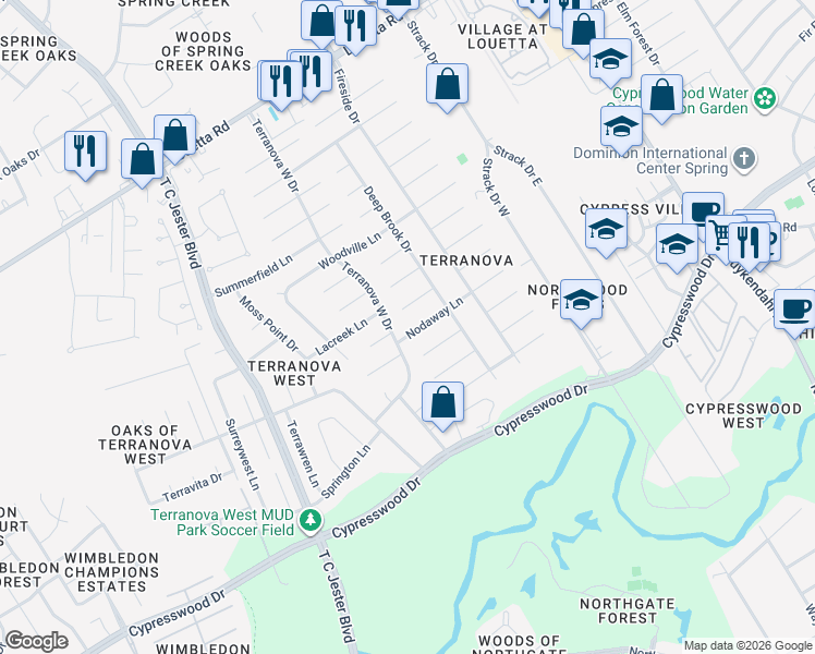 map of restaurants, bars, coffee shops, grocery stores, and more near 5330 Nodaway Lane in Spring