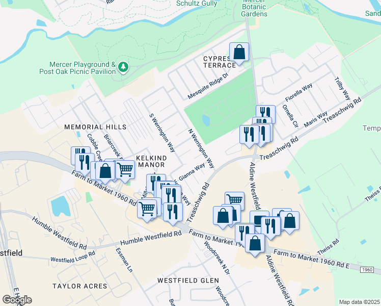 map of restaurants, bars, coffee shops, grocery stores, and more near 2419 Hiacintas Way in Houston