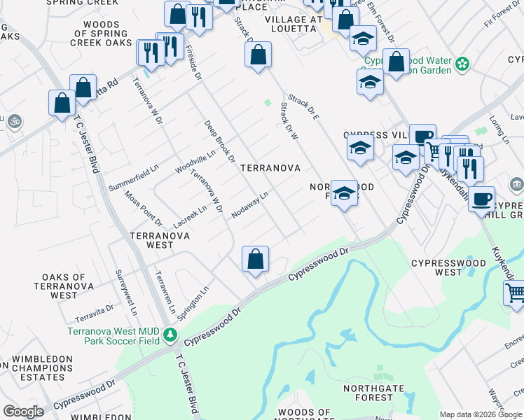 map of restaurants, bars, coffee shops, grocery stores, and more near 5310 Glenmere Lane in Spring