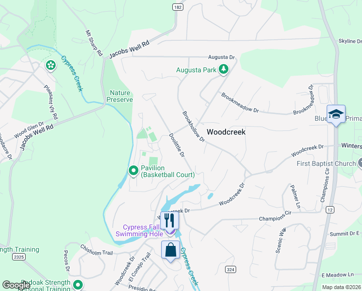 map of restaurants, bars, coffee shops, grocery stores, and more near 15 Doolittle Drive in Wimberley
