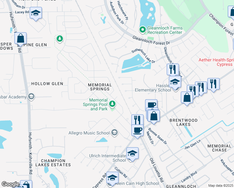 map of restaurants, bars, coffee shops, grocery stores, and more near 9614 Babbling Spring Court in Tomball