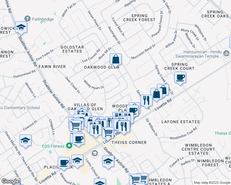 map of restaurants, bars, coffee shops, grocery stores, and more near 6906 Falling Waters Drive in Spring