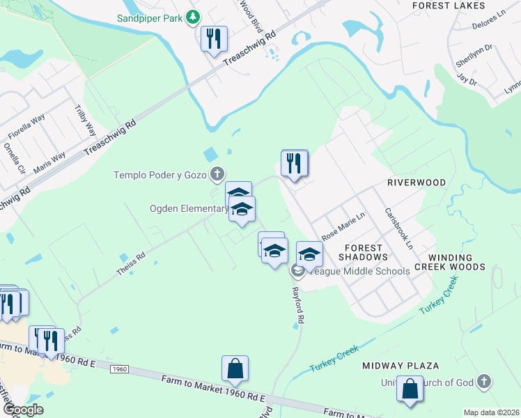 map of restaurants, bars, coffee shops, grocery stores, and more near 21832 Rayford Road in Humble