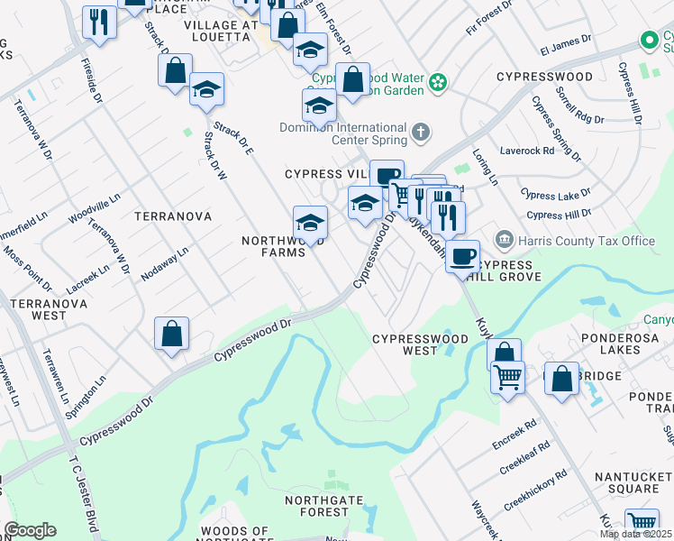 map of restaurants, bars, coffee shops, grocery stores, and more near 17418 Strack Drive East in Spring