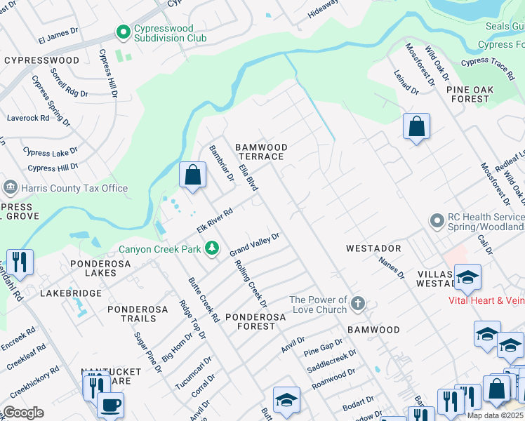 map of restaurants, bars, coffee shops, grocery stores, and more near 1407 Ella Circle in Houston