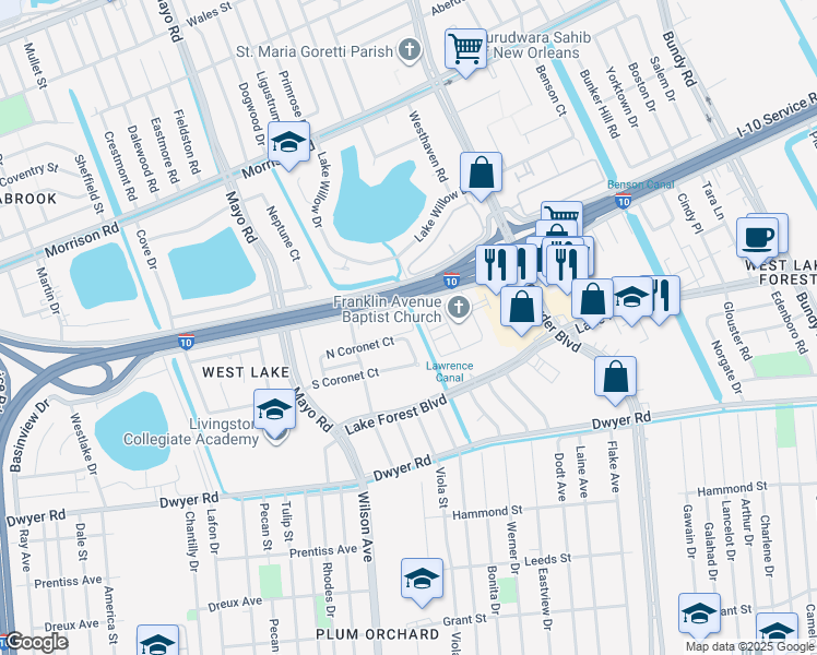map of restaurants, bars, coffee shops, grocery stores, and more near 6881 Parc Brittany Boulevard in New Orleans