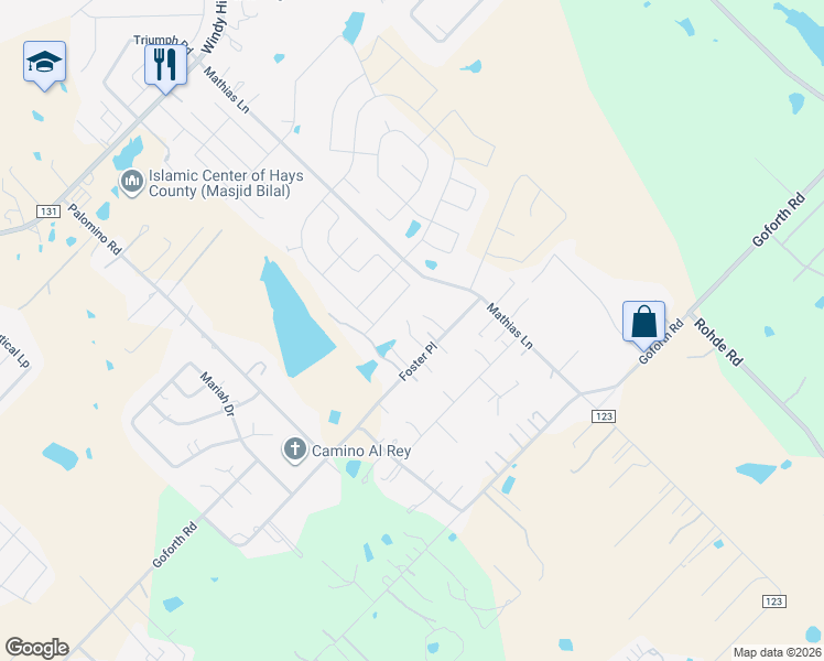 map of restaurants, bars, coffee shops, grocery stores, and more near 385 Foster Place in Kyle