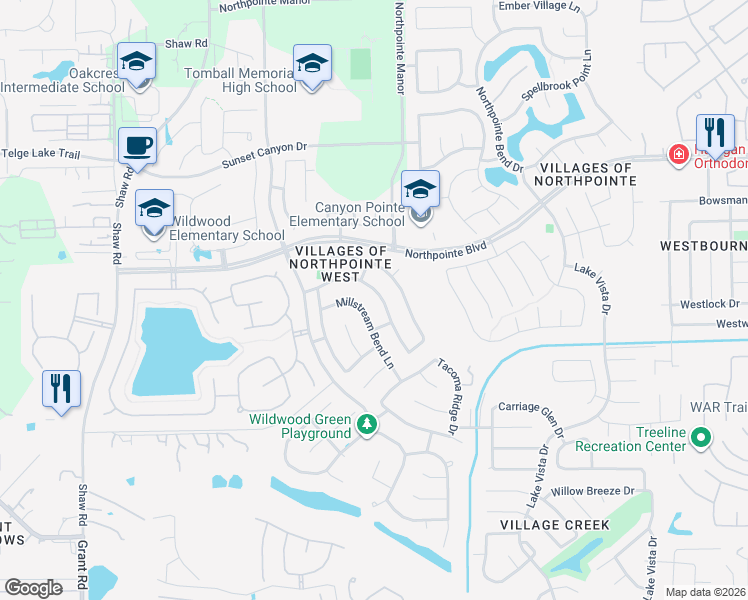 map of restaurants, bars, coffee shops, grocery stores, and more near 13027 Northwood Glen Lane in Tomball