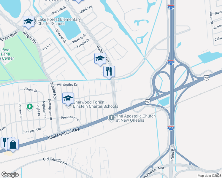 map of restaurants, bars, coffee shops, grocery stores, and more near 4916 Bullard Avenue in New Orleans