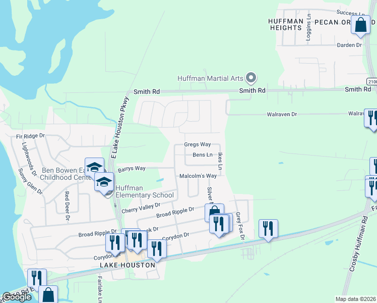 map of restaurants, bars, coffee shops, grocery stores, and more near 846 Bens Lane in Huffman